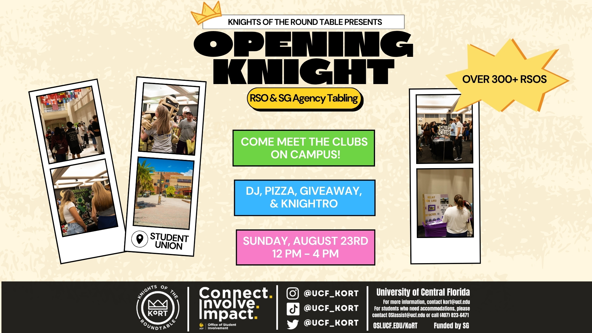 Knights of the Round Table's Opening Knight event banner showing RSO tabling and DJ music.