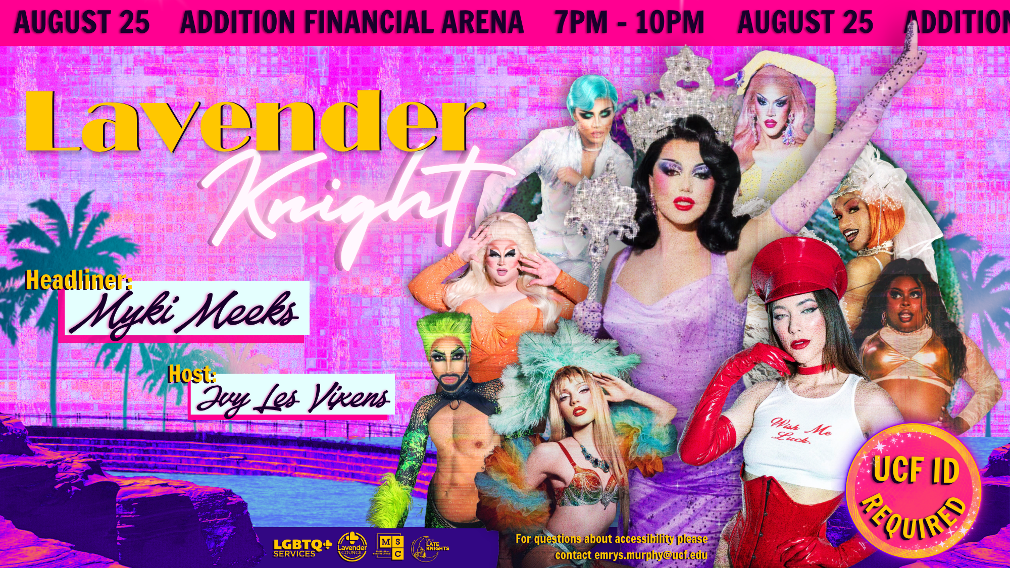 Lavender Knight event banner showing performers and headliner Myki Meeks hosted by Jay Les Vixens.
