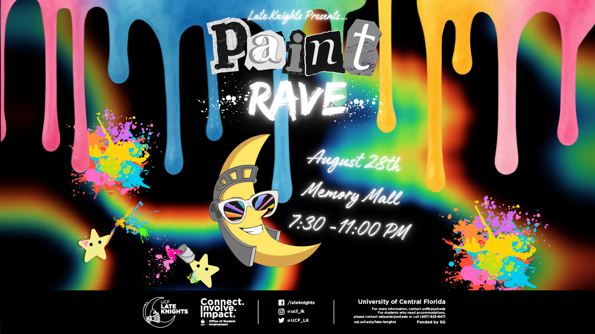 Late Knights Paint Rave Event Banner Showing Paint Splatter Design and Moon Mascot