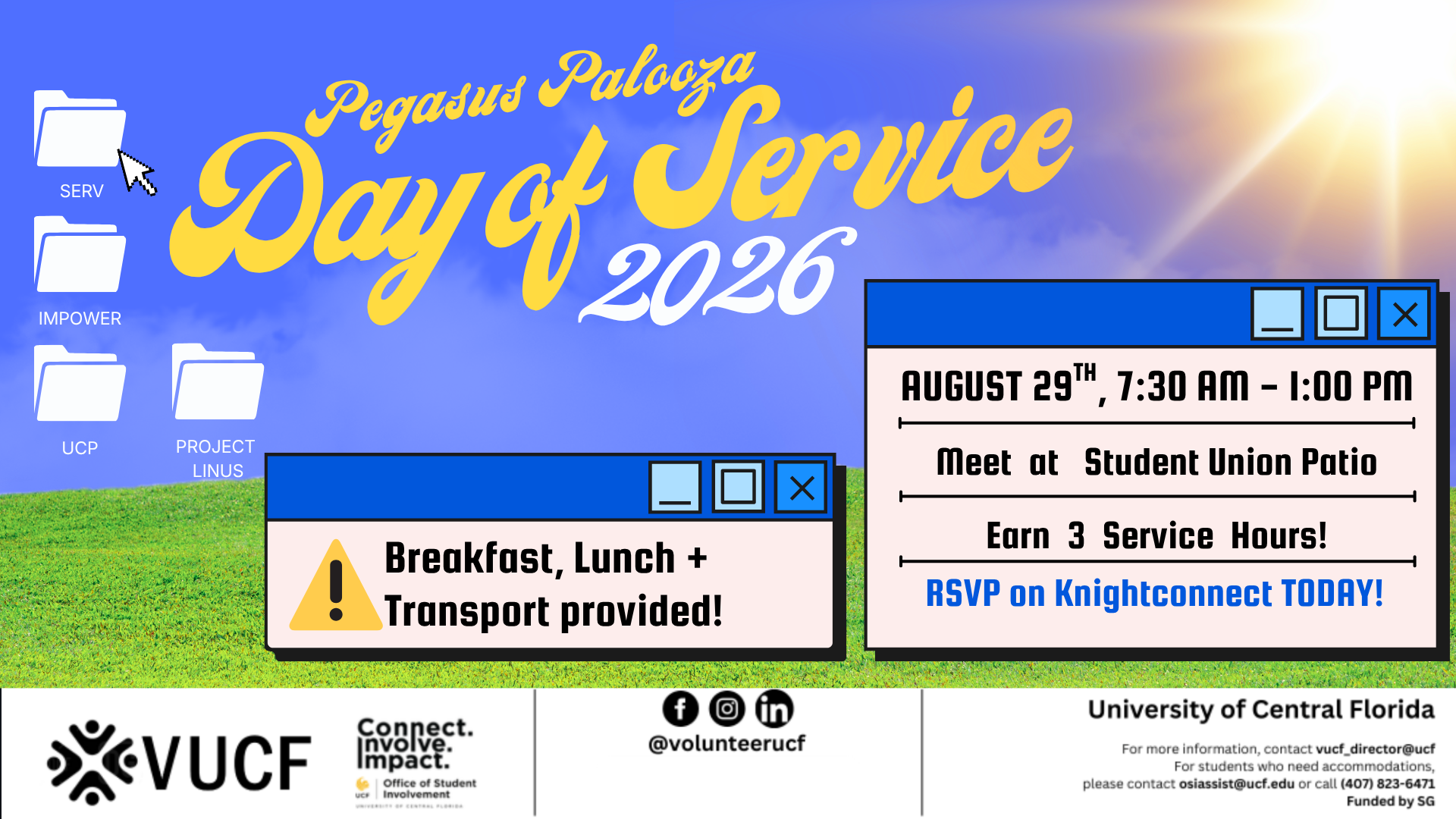 Pegasus Palooza Day of Service Graphic Banner Showing Old Desktop Background Style Items and Free Breakfast/Lunch/Transport